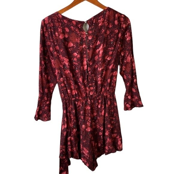 Free People All the Right Ruffles Romper in Berry Floral Wrap 3/4 Sleeve - Picture 5 of 16